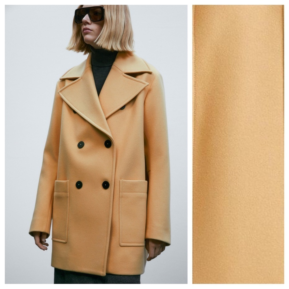 NWT. Massimo Dutti Yellow/Beige Wool Short Double-Breasted Button Coat. Size XS.